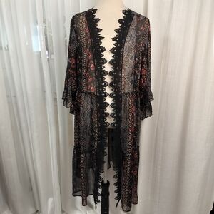 2/$30 Black‎ & Red Micro Floral Sheer Open Cardigan Crochet Detail Size S/M